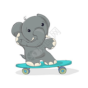 滑板上的大象孩子问候快乐设施贴纸艺术乐趣孩子们角色插图图片