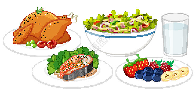 白色背景上孤立的健康膳食集营养剪贴盘子菜单插图动物牛扒牛奶甜点夹子图片
