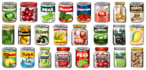 一组不同的罐头食品和罐装食品隔离插图绘画团体铝罐艺术水果产品面条烹饪菠萝图片