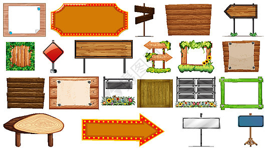 一套木制横幅 sig指示牌插图绘画边界卡通片框架夹子空白艺术木头图片