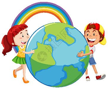 有两个快乐的孩子拥抱我的大地球仪图片