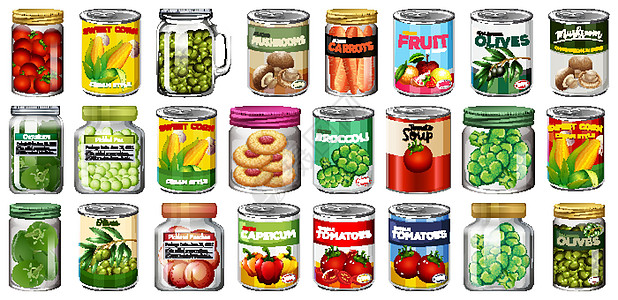 一组不同的罐头食品和罐装食品隔离产品贮存杂货店营养收藏插图烹饪面条玉米水果图片