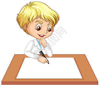 一个穿着科学家袍的男孩 桌上放着空纸瞳孔学校少年衣服男人化学插图孩子们桌子女孩图片