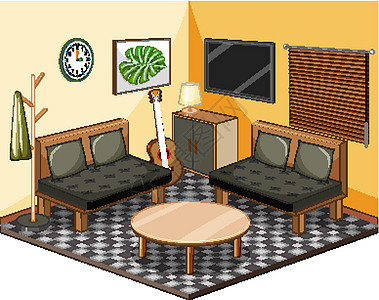 有家具等距的客厅生活夹子桌子绘画房子卡通片插图空白乐器房间图片