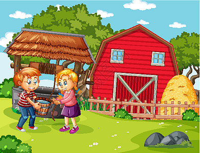 幸福的家庭在卡通风格的农场场景兄弟农田风车天气卡通片草地女性树木姐姐女孩图片