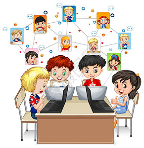在白色背景下使用笔记本电脑与老师和朋友进行视频会议的儿童孩子朋友们孩子们工程好朋友插图卡通片建筑男性屏幕图片