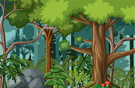有许多树的森林场景踪迹绘画冒险荒野土地木头热带藤本植物收藏环境插画