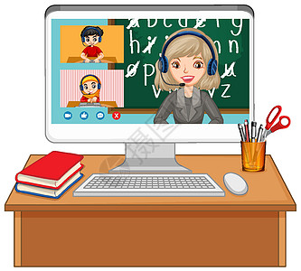 白色背景电脑屏幕上的学生视频聊天在线屏幕互联网键盘问候语友谊卡通片孩子们技术网站会议伴侣图片