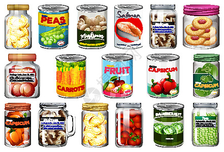 一组不同的罐头食品和罐装食品隔离营养玉米水果贮存烹饪收藏卡通片铝罐蔬菜菠萝图片