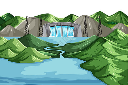 有水坝背景的场景卵石木头树叶绘画环境岩石天空植物森林液体图片