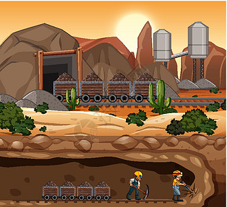煤矿开采场景景观在日落时间煤炭卡车绘画风景橙子卡通片辉光艺术插图起重机图片