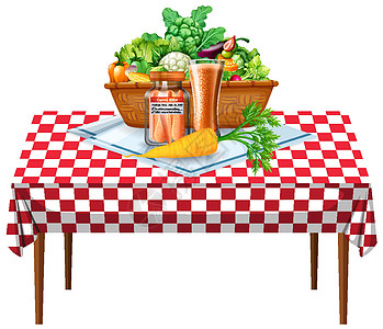 桌上的蔬菜和水果 方格图案桌布图片