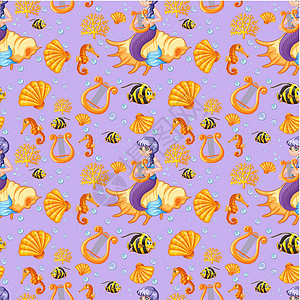 紫色背景上的无缝美人鱼和海洋动物卡通风格卡通片女孩爬虫环境植物珊瑚液体动物群插图生物图片