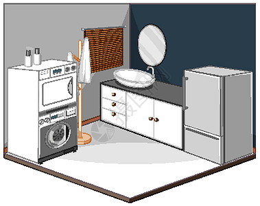 带家具的洗衣房内部卡通片洗衣店插图建造设施房子建筑洗衣机垫圈房间图片