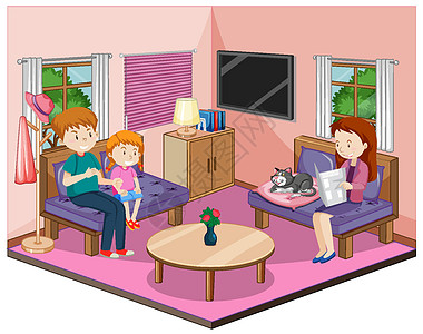 客厅里幸福的家庭 家具是粉红色的图片
