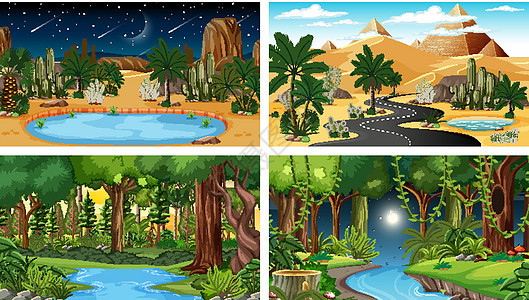 四种不同性质的横向场景团体棕榈天空太阳月亮辉光植物风景艺术干旱图片