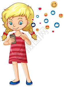 女孩使用智能手机与社交媒体表情符号图标卡通风格隔离在白色背景图片