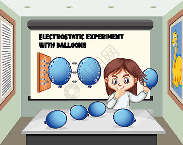 一个女孩在房间里用气球做静电实验图片