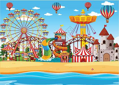 白天有海滩边场景的游乐园 sk 中有气球喜悦旅行娱乐过山车马戏团节日海洋旋转木马操场快乐图片