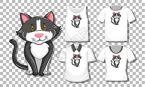 猫卡通人物与一套不同的衬衫隔离在透明背景短袖商品小猫男人婴儿灰色孩子们动物衣领生物图片