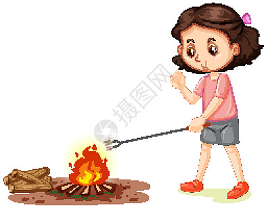 女孩在白色背景的篝火上烤棉花糖图片