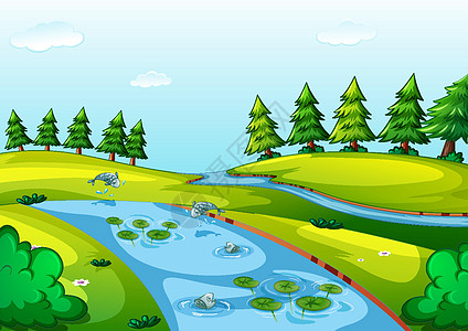 在自然公园场景中流液体天气卡通片风景自然山顶蓝色溪流生物草地图片