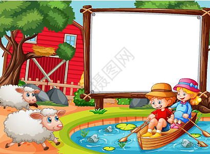 森林场景中的空白横幅 孩子们划着蟒蛇羊肉男生婴儿少年童年女孩卡通片风景木板男性图片