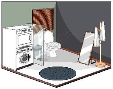 带家具的洗衣房内部住宅镜子设施洗衣机艺术等距房子建筑插图卡通片图片