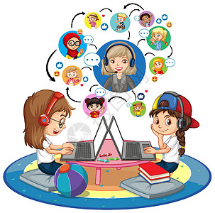 老师电脑女孩在白色背景下使用笔记本电脑与老师和朋友进行视频会议的侧视图插画