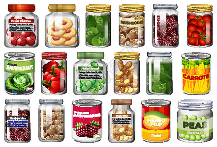 一组不同的罐头食品和罐装食品隔离烹饪团体玉米铝罐贮存包装杂货店产品绘画水果图片