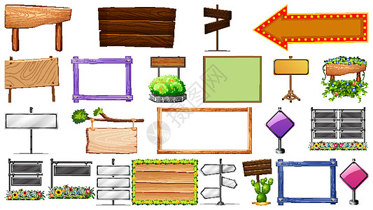 各种类型的标志旗帜一套广告牌指示牌绘画木头收藏植物团体框架插图艺术图片