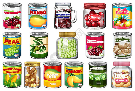 一组不同的罐头食品和罐装食品隔离营养烹饪收藏绘画玉米团体贮存艺术火腿蔬菜图片