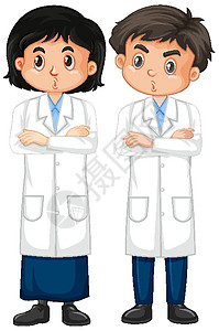 男孩和女孩在白色背景上的实验室礼服女士童年女性学生科学青年行动戏服学习男孩们图片
