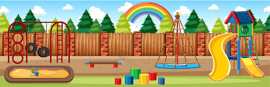 白天卡通风格全景场景中 天空中有彩虹的公园儿童游乐场图片