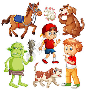 一组奇幻卡通人物和孤立在白色背景上的动物男生插图就寝男孩们收藏孩子们少年童年犬类侏儒图片