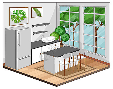 餐厅内部配有现代风格的家具架子设施建筑学住宅桌子冰箱房间房子展示座位图片