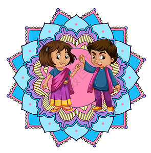曼荼罗图案设计背景与印度女孩和博传统宗教男孩们男生男人孩子们时代文化插图卡通片图片