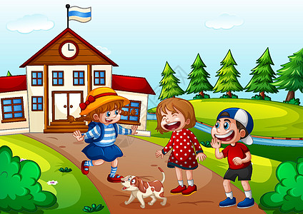 学校场景中的孩子娱乐孩子们风景学习宠物友谊教育卡通片时代学生图片