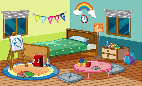 带床的卧室场景和房间里的许多玩具时间帆布生活收藏团体插图绘画球形圆圈地面图片