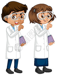 穿着科学长袍的男孩和女孩站在白色背景上衣服童年瞳孔男孩们笔记本女士学生孩子们情感教育图片
