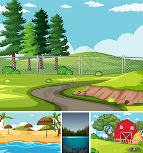 自然环境卡通风格中的四个不同场景叶子沼泽森林环境观光仓库树叶风车热带稻草图片