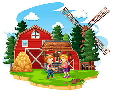 白色背景上有红色谷仓和风车的农场仓库农村风景场地场景女性卡通片男性男生女孩图片