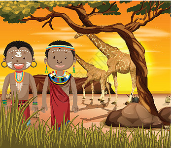 自然背景中穿着传统服装的非洲部落民族戏服卡通片社区绘画孩子青年女性男性文化环境图片