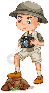 在白色背景上穿着狩猎装的男孩管理员男孩们时代男性卡通片岩石相机冒险青年卵石图片