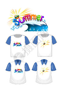 夏季字体标志设计的衬衫与一套不同的衬衫隔离在白色背景小样天气商品插图收藏展示卡通片短袖字母措辞图片