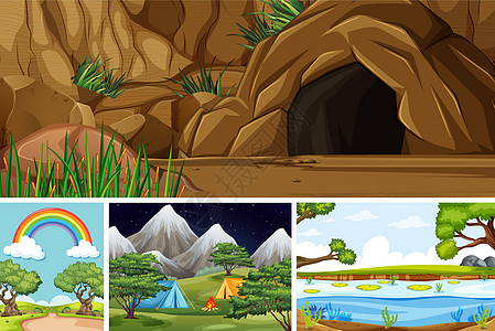 自然环境卡通风格中的四个不同场景土地操场团体面具环境植物树叶收藏木材草地图片