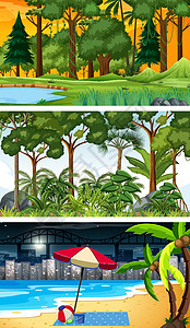 三个不同森林水平的场面插图海洋景观城市场景卡通片日出天气太阳橙子图片