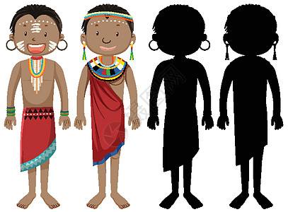 一组非洲部落人物及其剪影戏服插图文化女性衣服绘画孩子男性女孩男人图片
