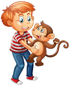 男孩抱着一只孤立在白色背景上的小猴子宠物动物好朋友黑猩猩友谊卡通片玩具动物园童年娱乐图片