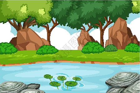 空荡荡的公园场景 有许多树木和游泳风景插图绿色丛林夹子收藏植物卡通片艺术团体图片